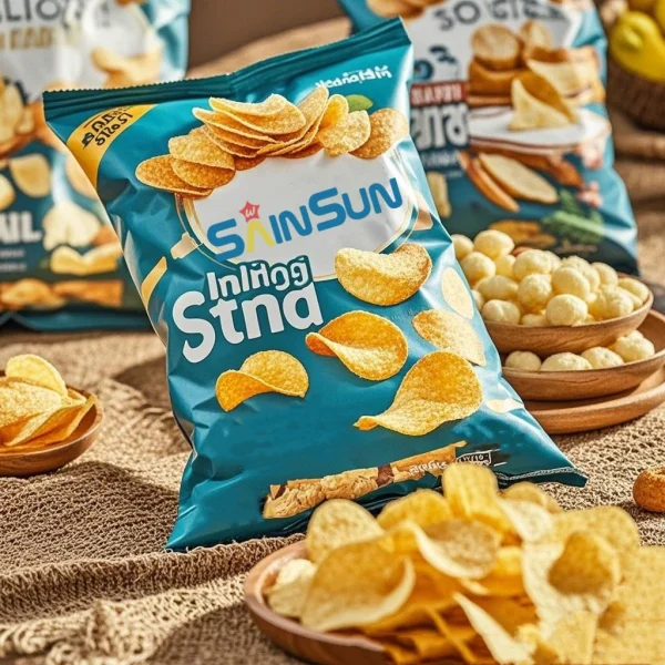 Custom printed bags for snacks with aluminum foil barrier to maintain chip freshness.