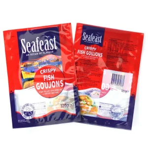 Custom printed flat Mylar bags for fish fillets and seafood products, offering superior freshness protection.
